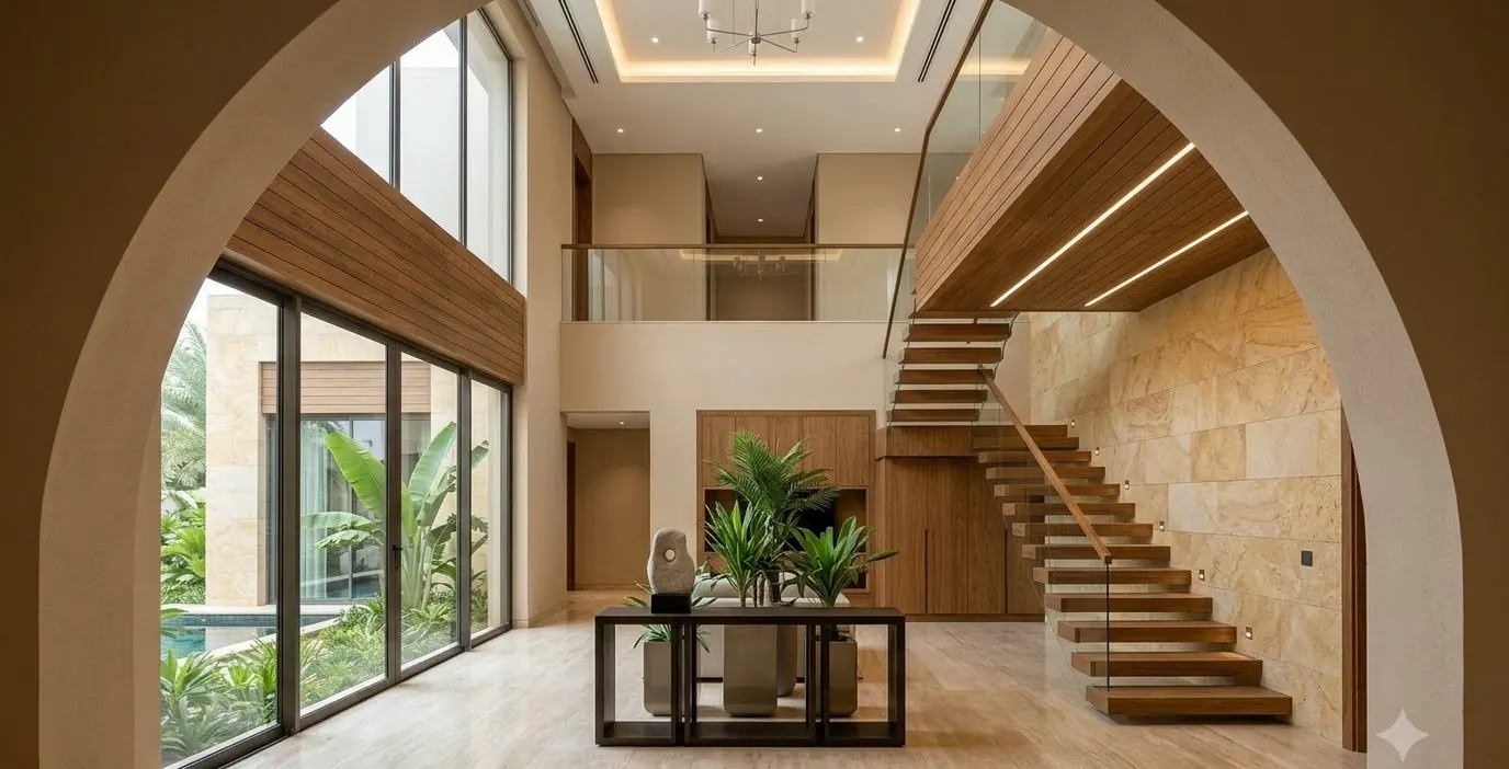 A warm entrance hall with timber and stone details