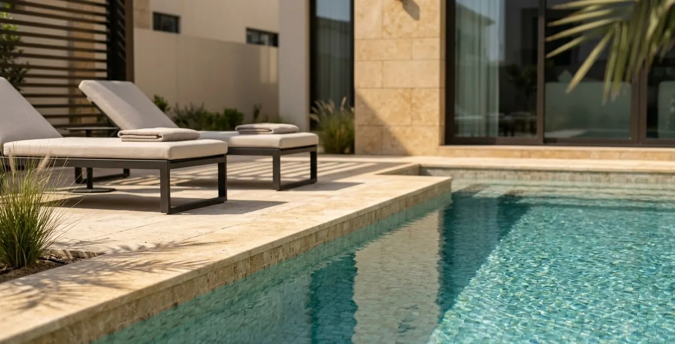 A villa pool terrace at dusk